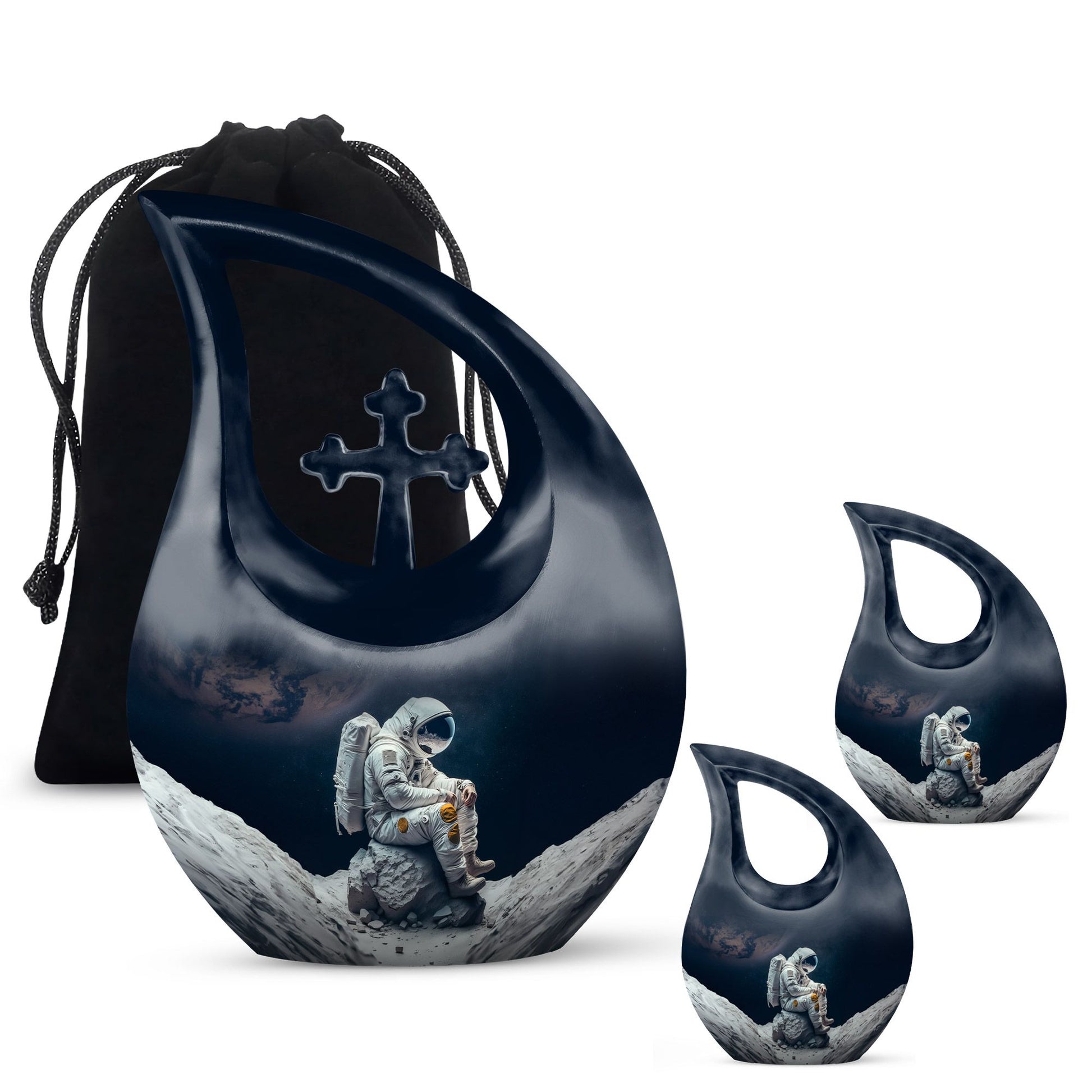 Astronaut themed, Cross Drop design, aluminum urn 