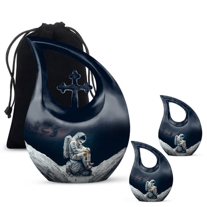 Astronaut themed, Cross Drop design, aluminum urn 