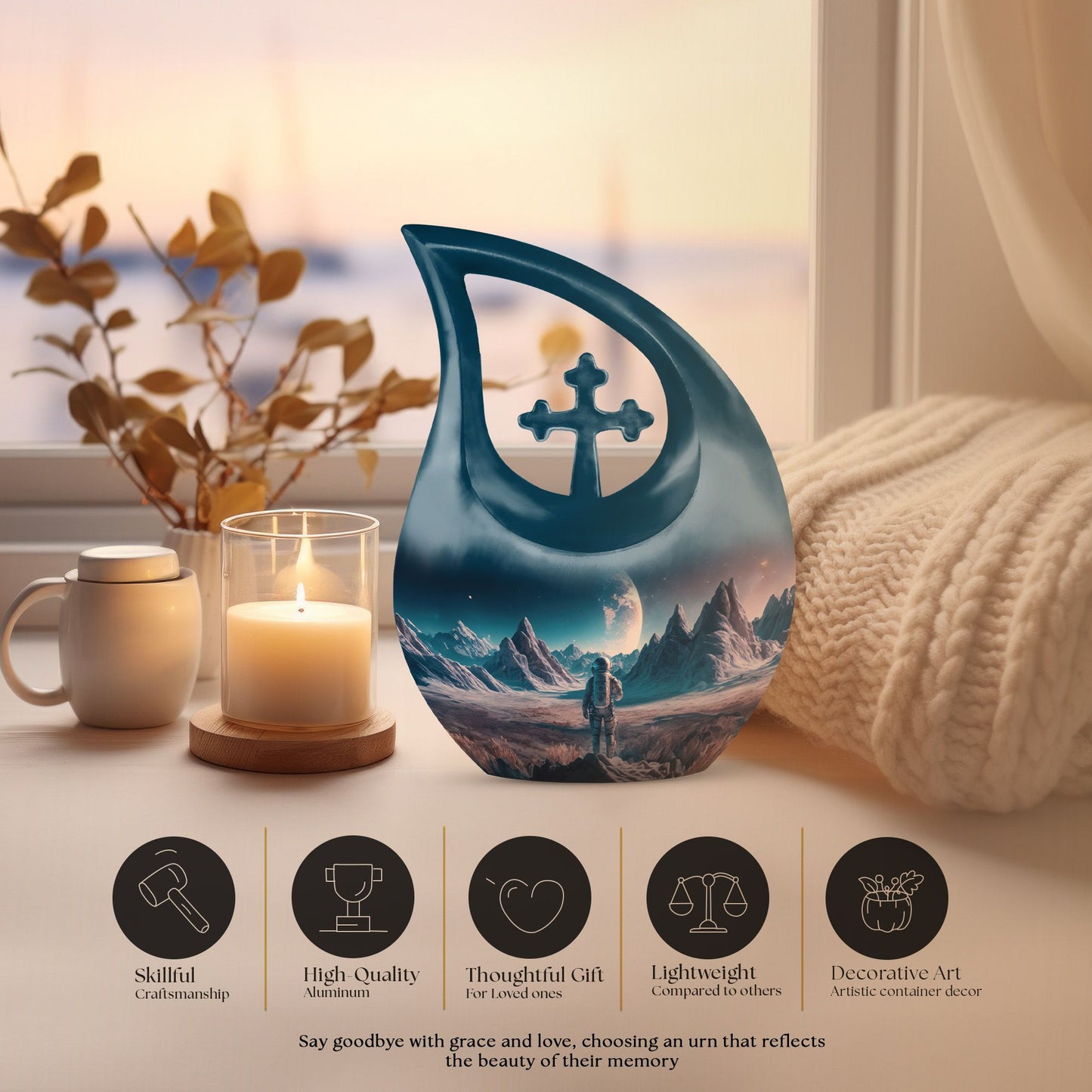 10-inch Astronaut Urn with Cross Drop design,