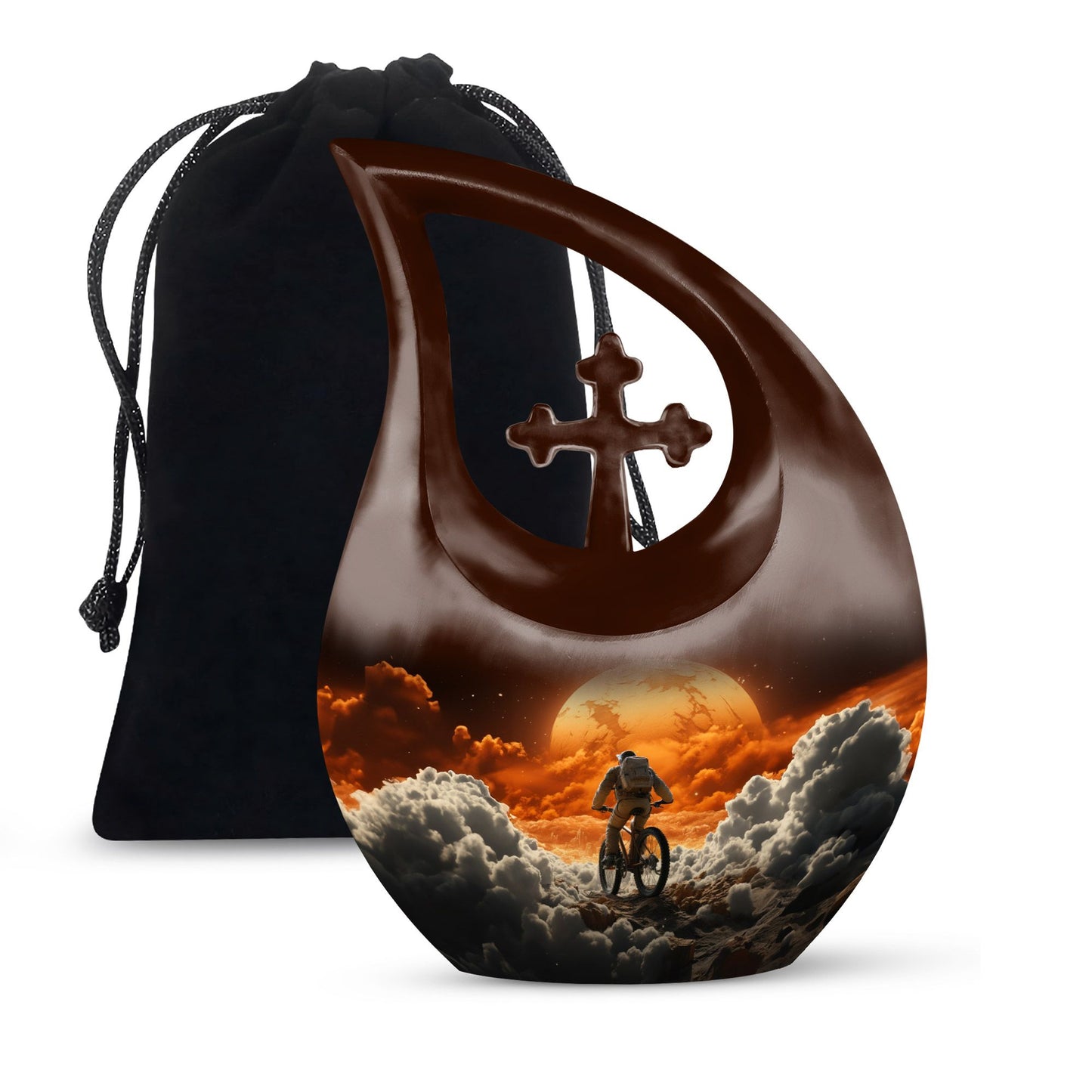 10-inch Astronaut Urn with Cross Drop design, includes personalizable engraved names