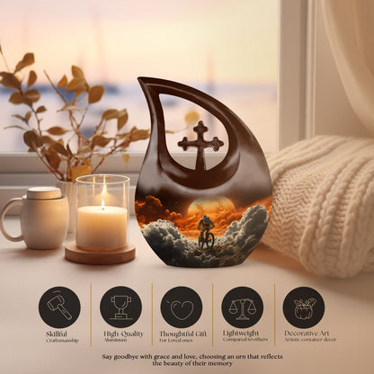 10-inch Astronaut Urn with Cross Drop design, includes personalizable engraved names