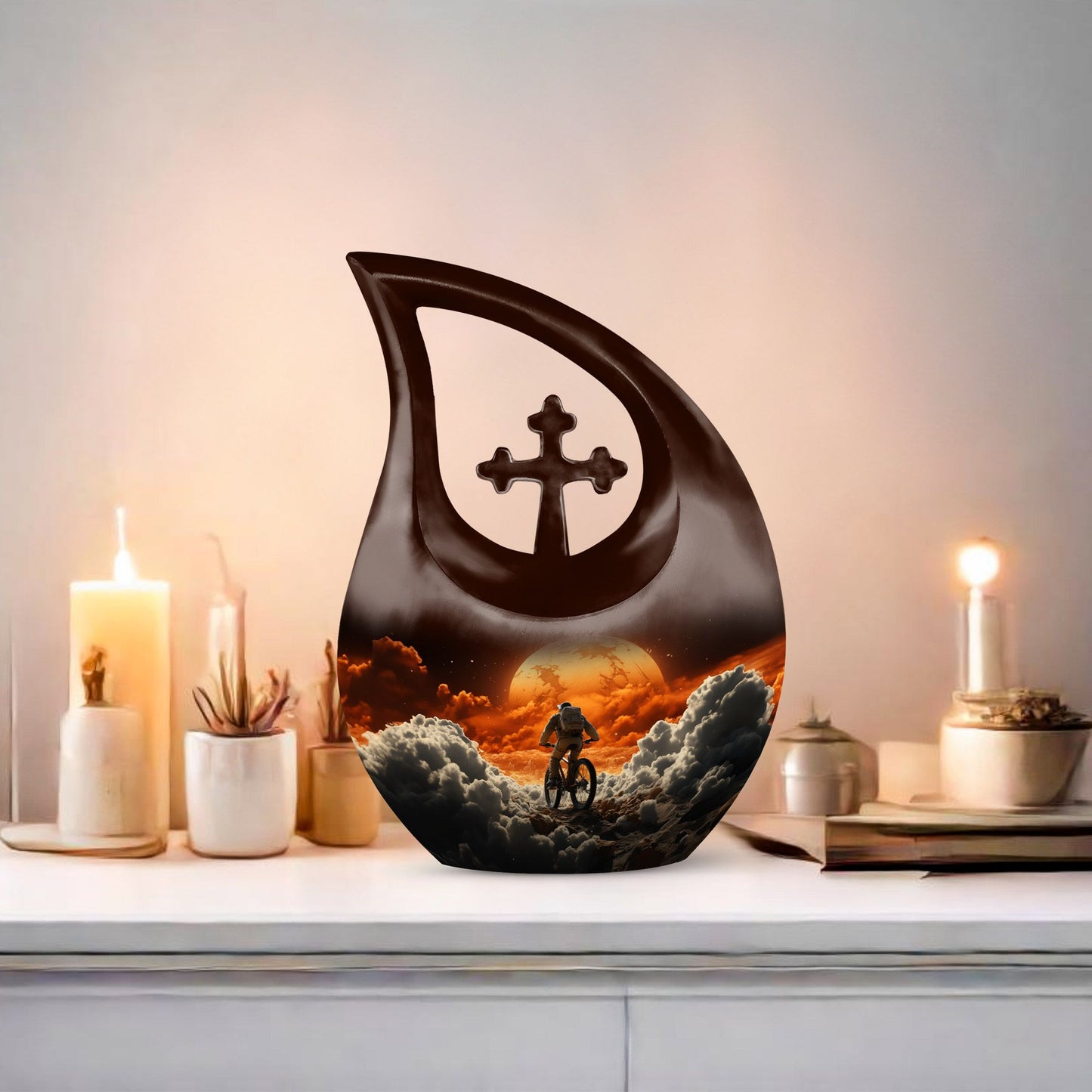 10-inch Astronaut Urn with Cross Drop design, includes personalizable engraved names
