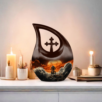 10-inch Astronaut Urn with Cross Drop design, includes personalizable engraved names