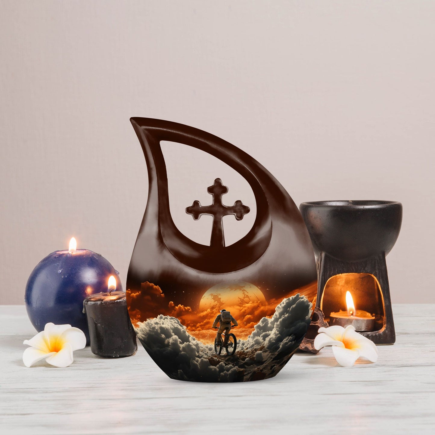 10-inch Astronaut Urn with Cross Drop design, includes personalizable engraved names