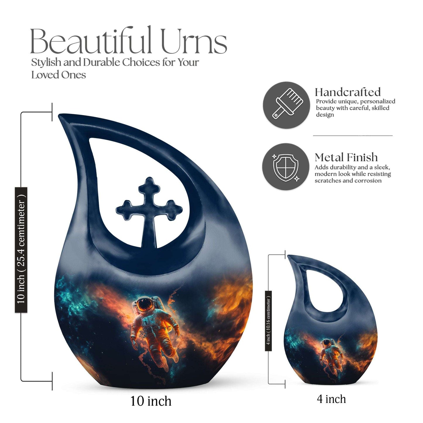 Personalized astronaut urn with cross drop design,