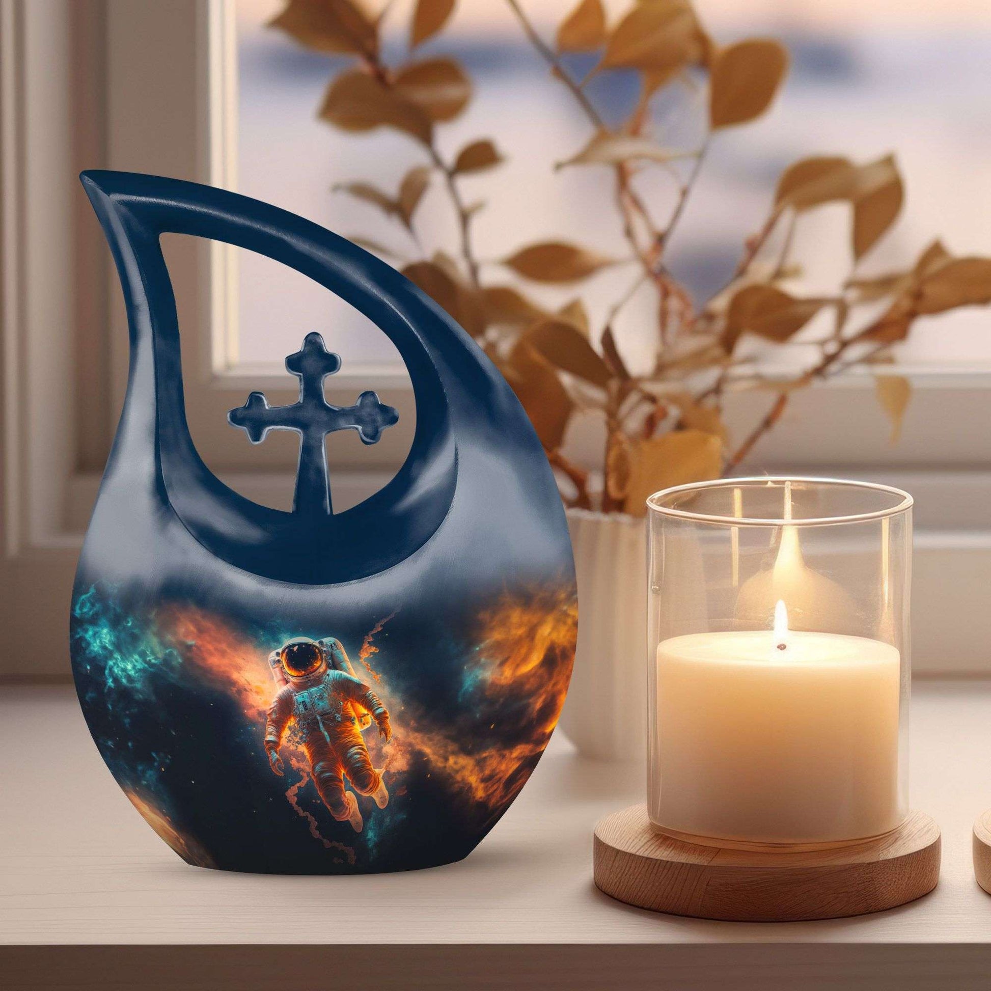 Personalized astronaut urn with cross drop design,
