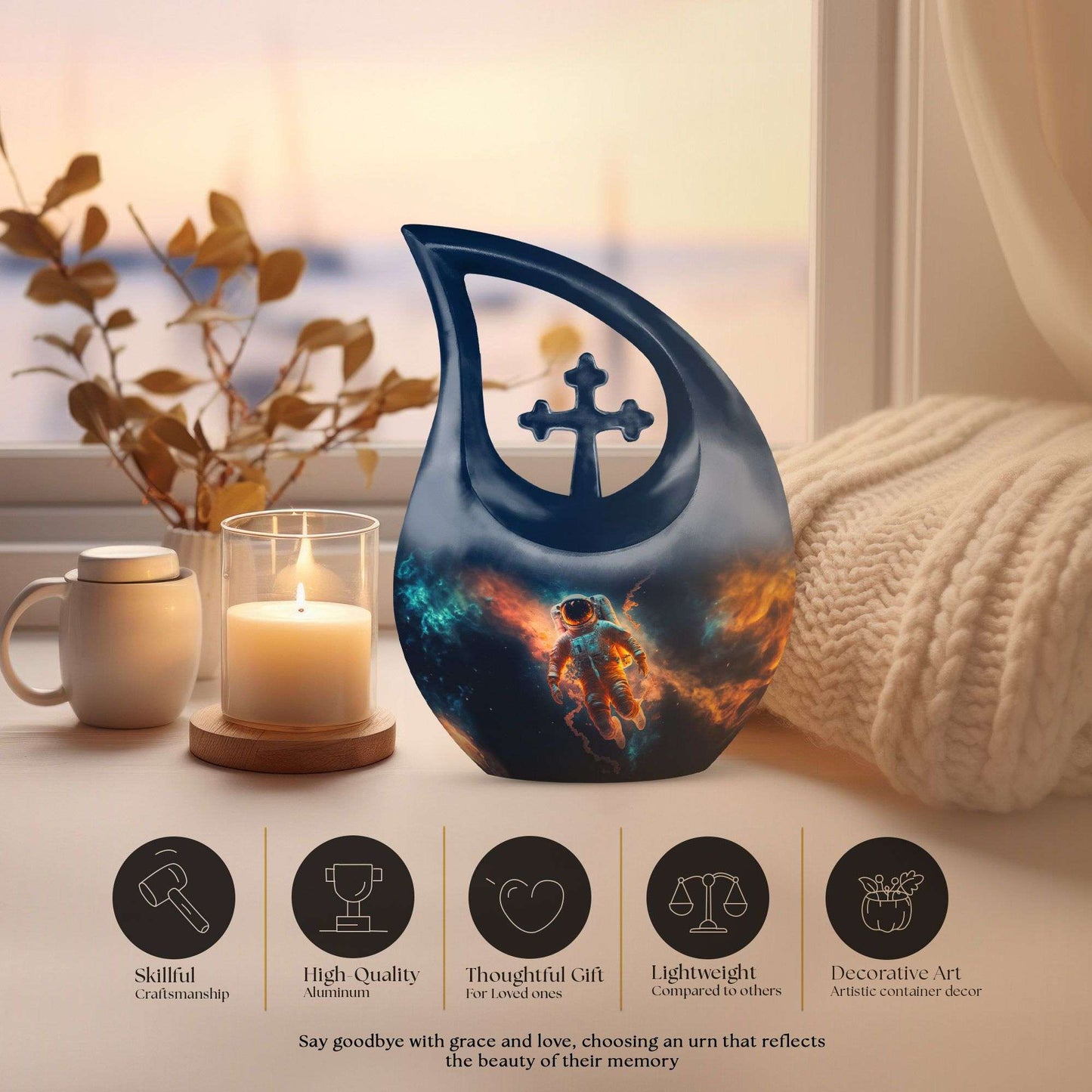 Personalized astronaut urn with cross drop design,