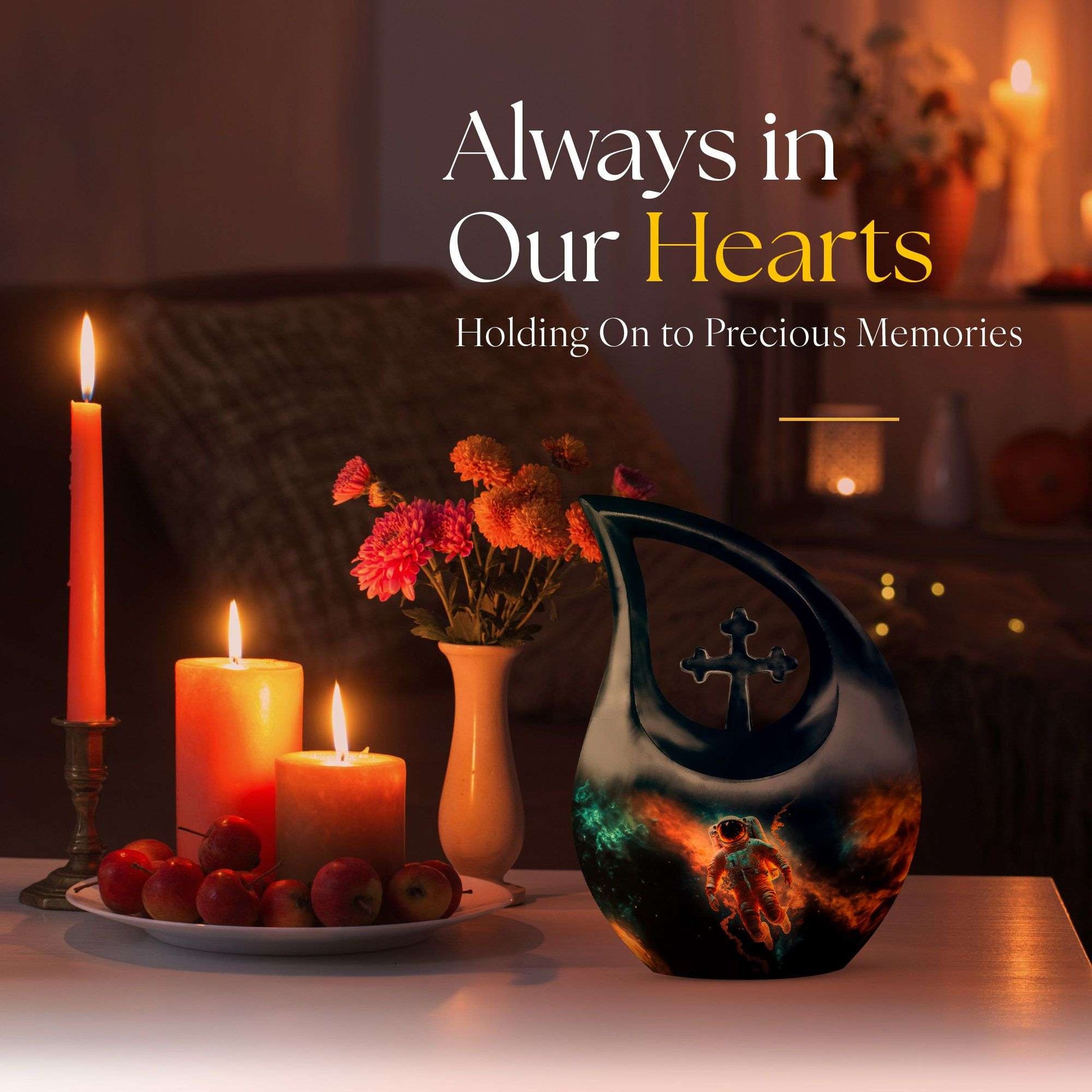 Personalized astronaut urn with cross drop design,