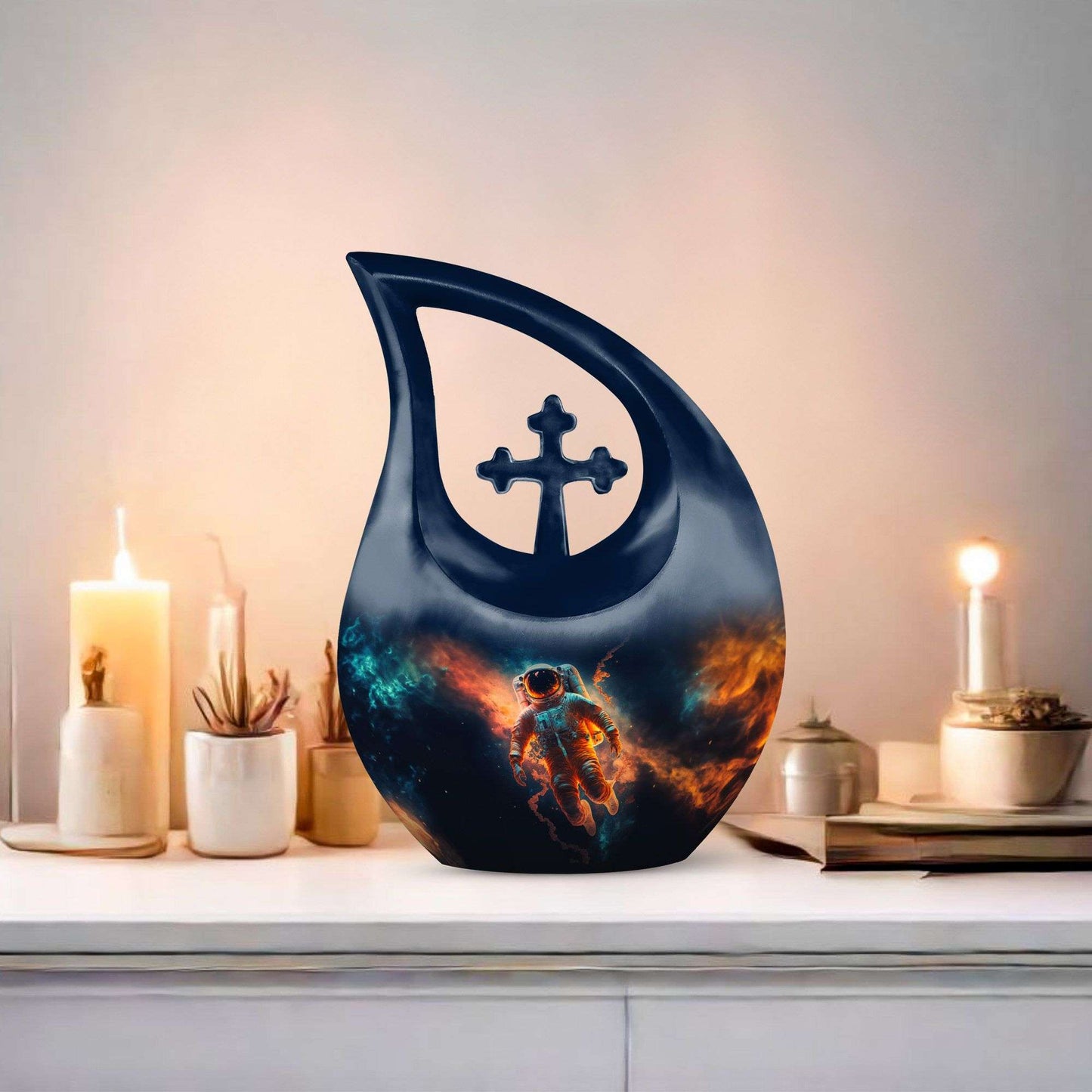 Personalized astronaut urn with cross drop design,