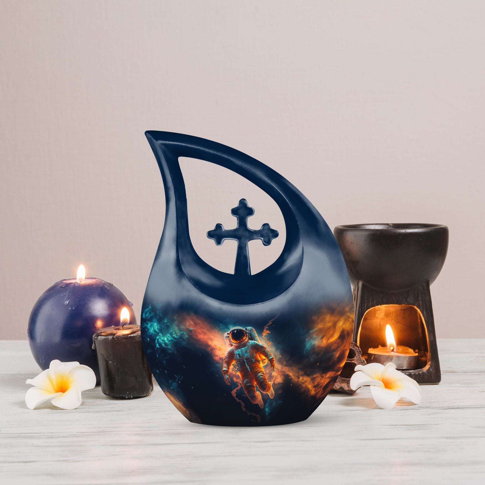 Personalized astronaut urn with cross drop design,