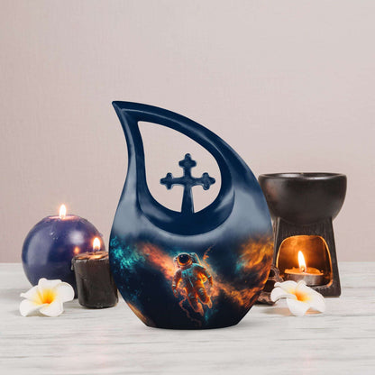 Personalized astronaut urn with cross drop design,
