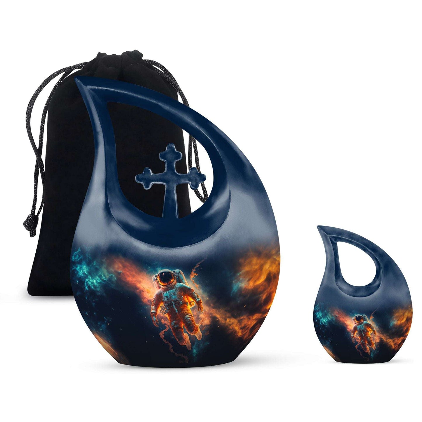 Personalized astronaut urn with cross drop design,