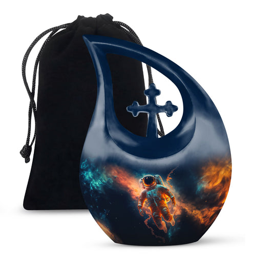 Personalized astronaut urn with cross drop design,