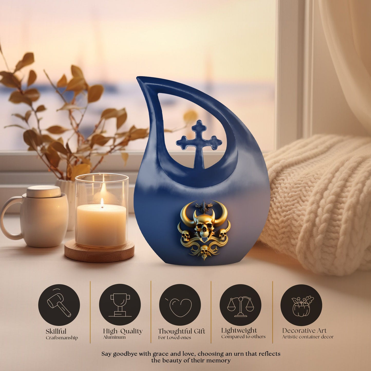 Cross Drop design 10-inch Skull Urn, 