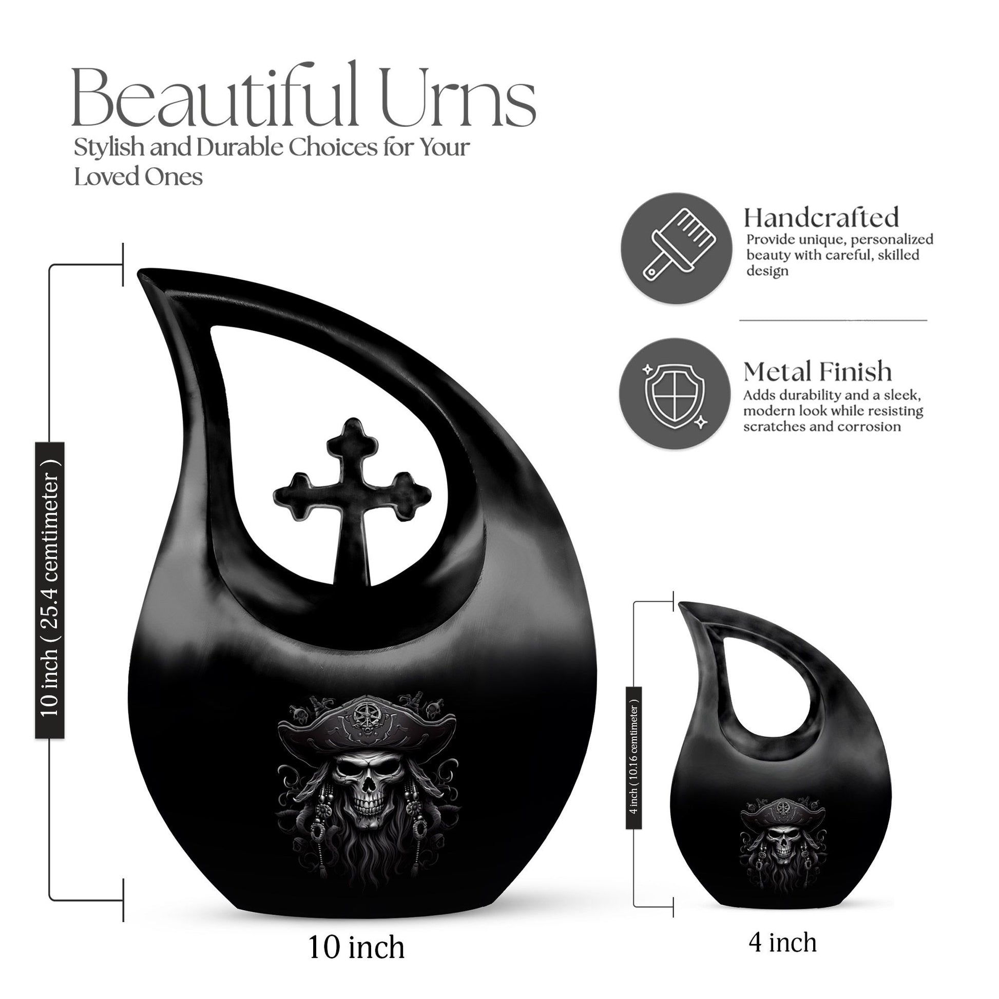 10-inch aluminium Skull Urn with Cross Drop design,