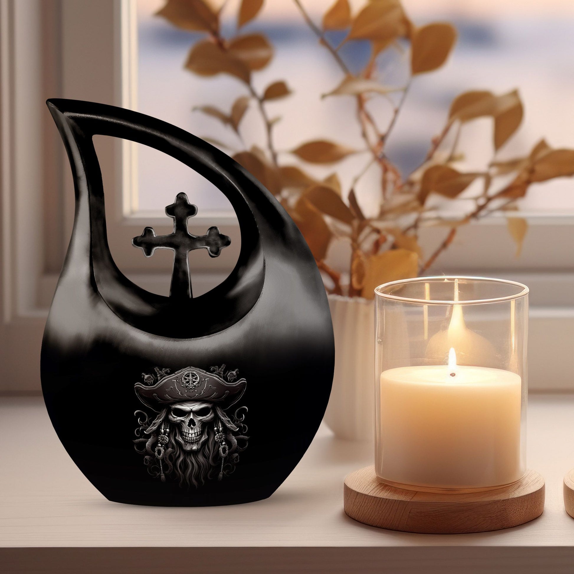 10-inch aluminium Skull Urn with Cross Drop design,