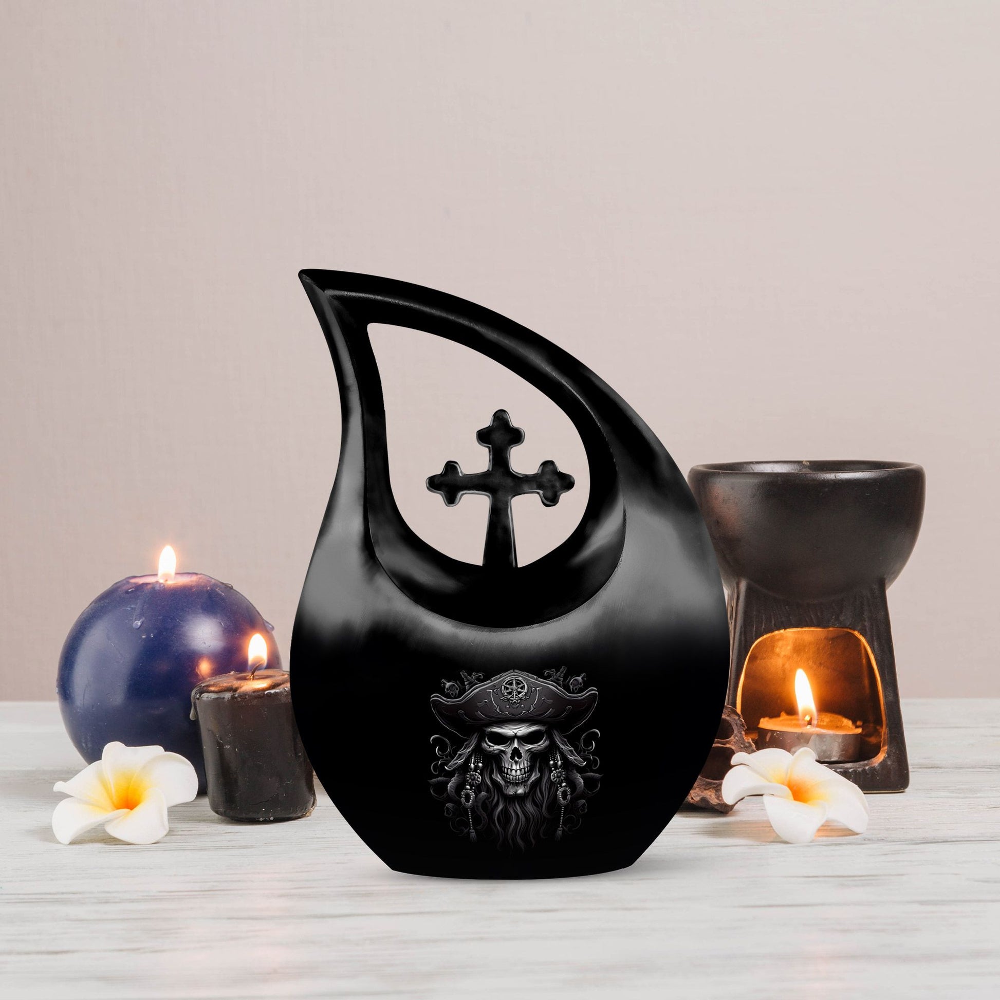 10-inch aluminium Skull Urn with Cross Drop design,