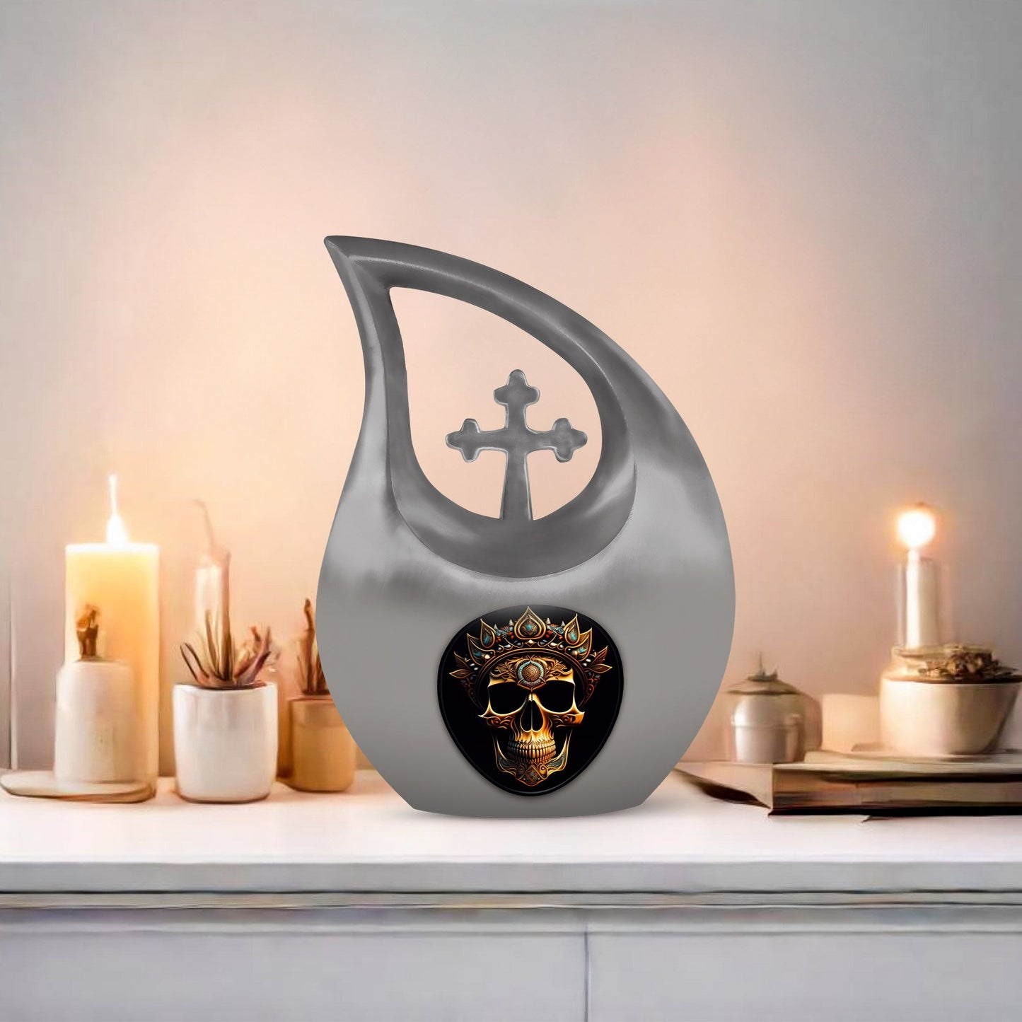 10-inch Skull Urn, Cross Drop design, Aluminium Large Urn 