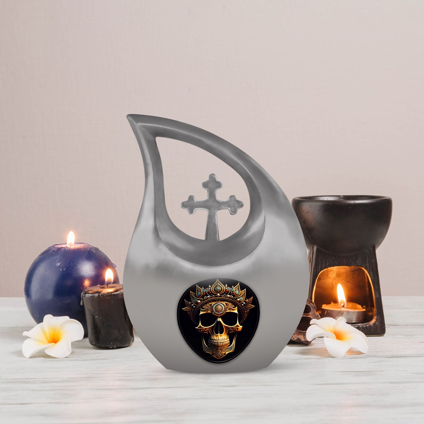 10-inch Skull Urn, Cross Drop design, Aluminium Large Urn 