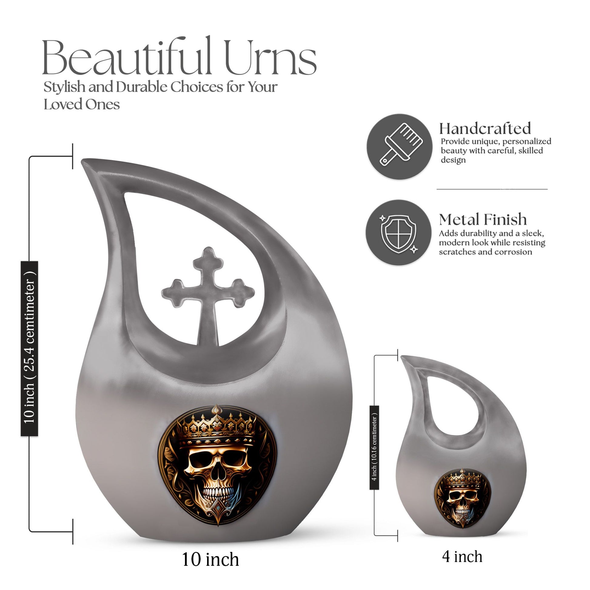 10-inch Skull Urn with Cross Drop design for memorial,