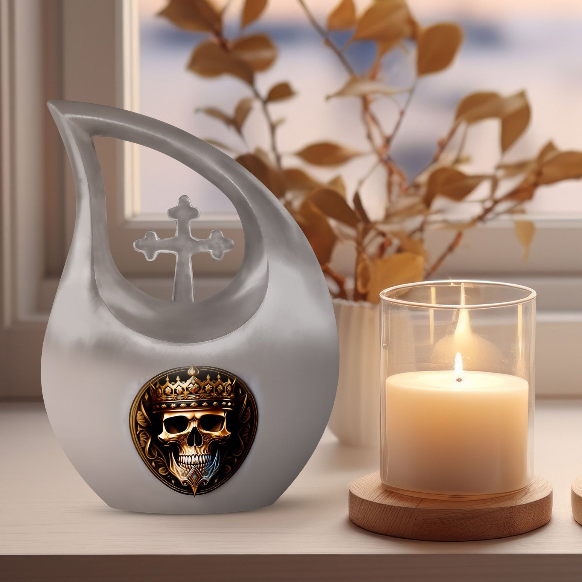 10-inch Skull Urn with Cross Drop design for memorial,