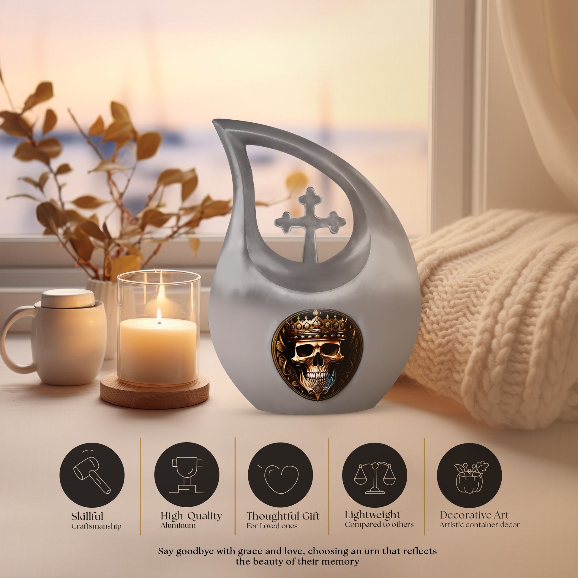 10-inch Skull Urn with Cross Drop design for memorial,