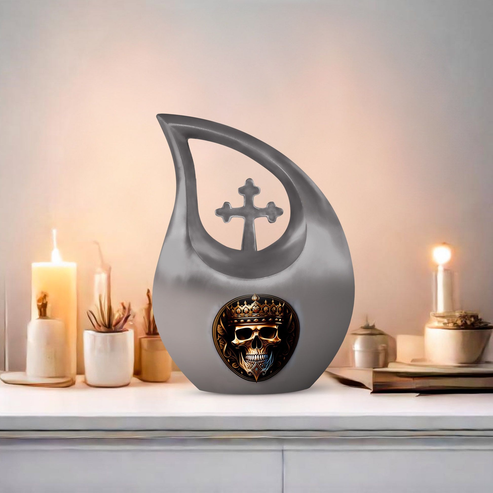 10-inch Skull Urn with Cross Drop design for memorial,