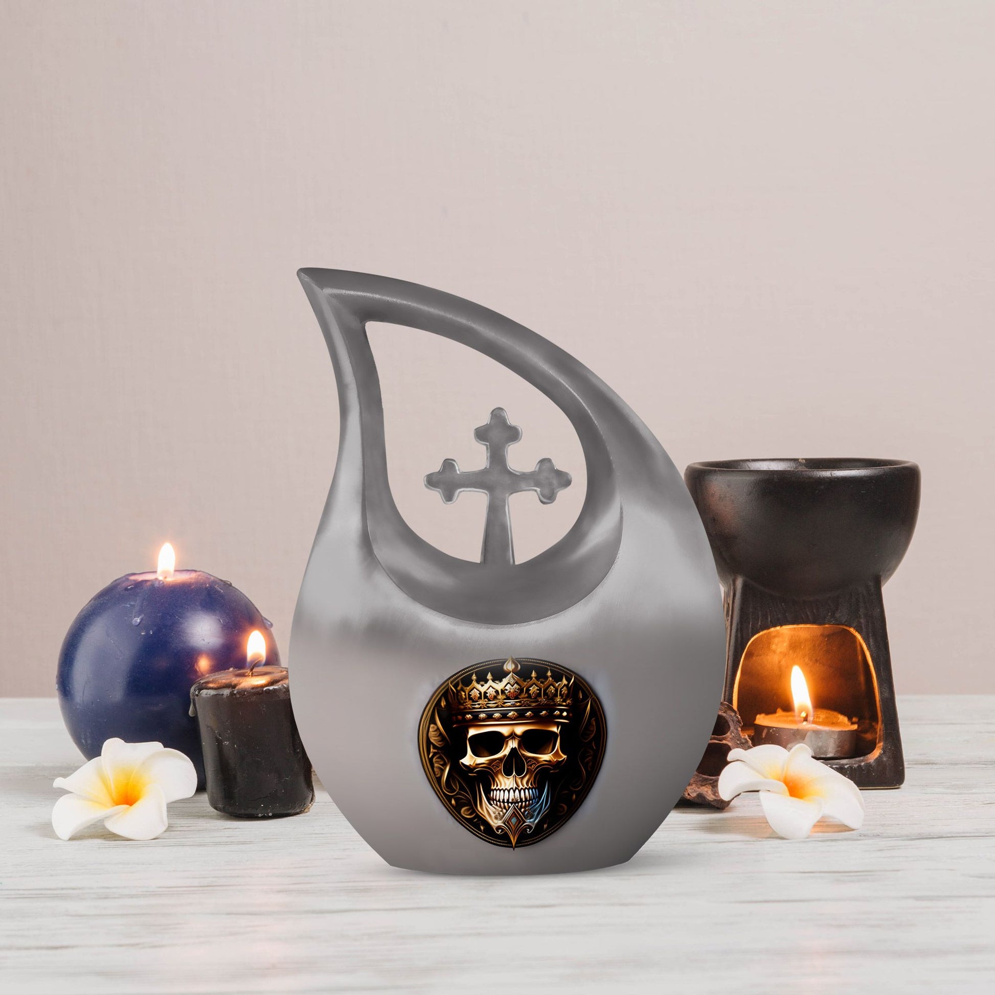 10-inch Skull Urn with Cross Drop design for memorial,