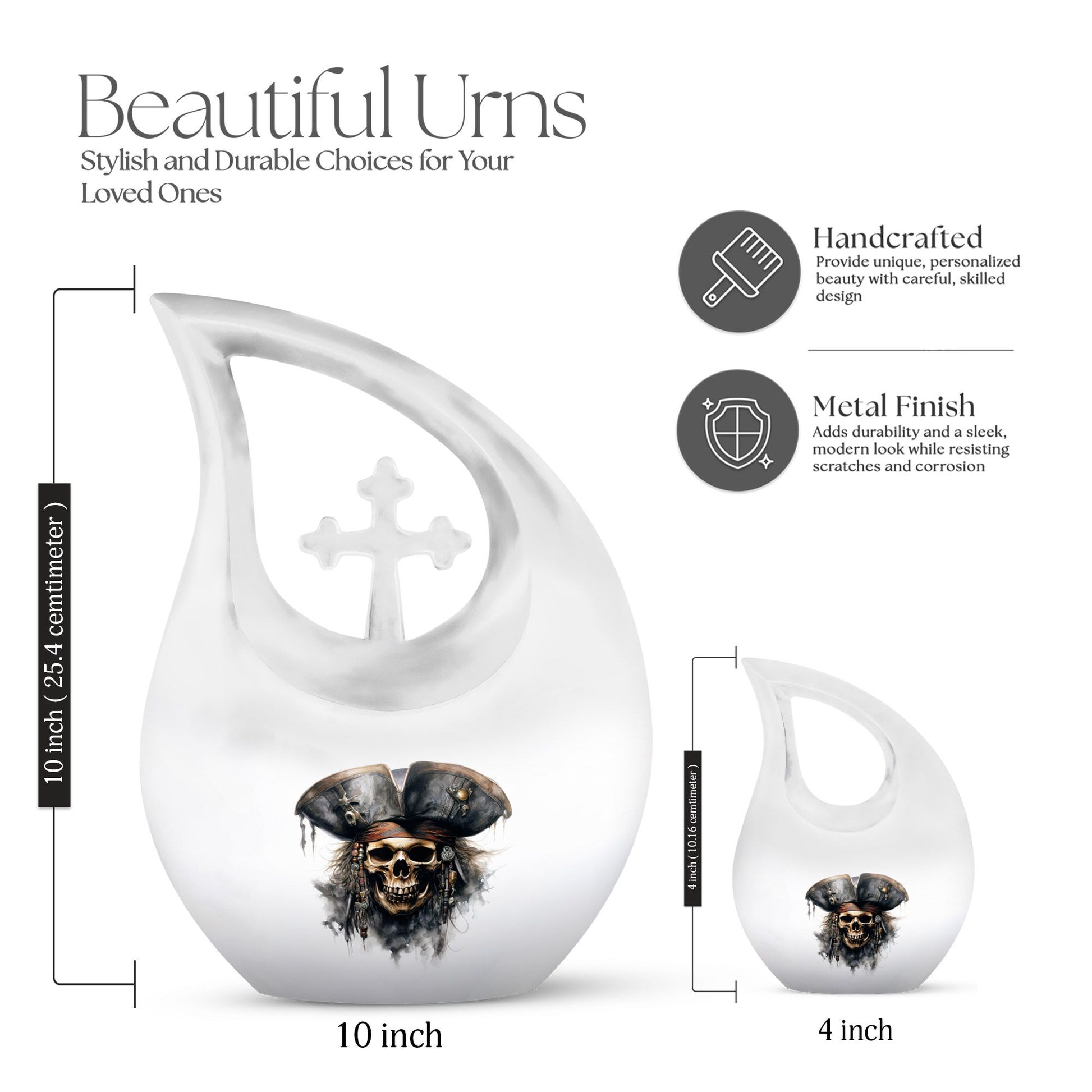 10-inch Skull Urn with Cross Drop design, personalize