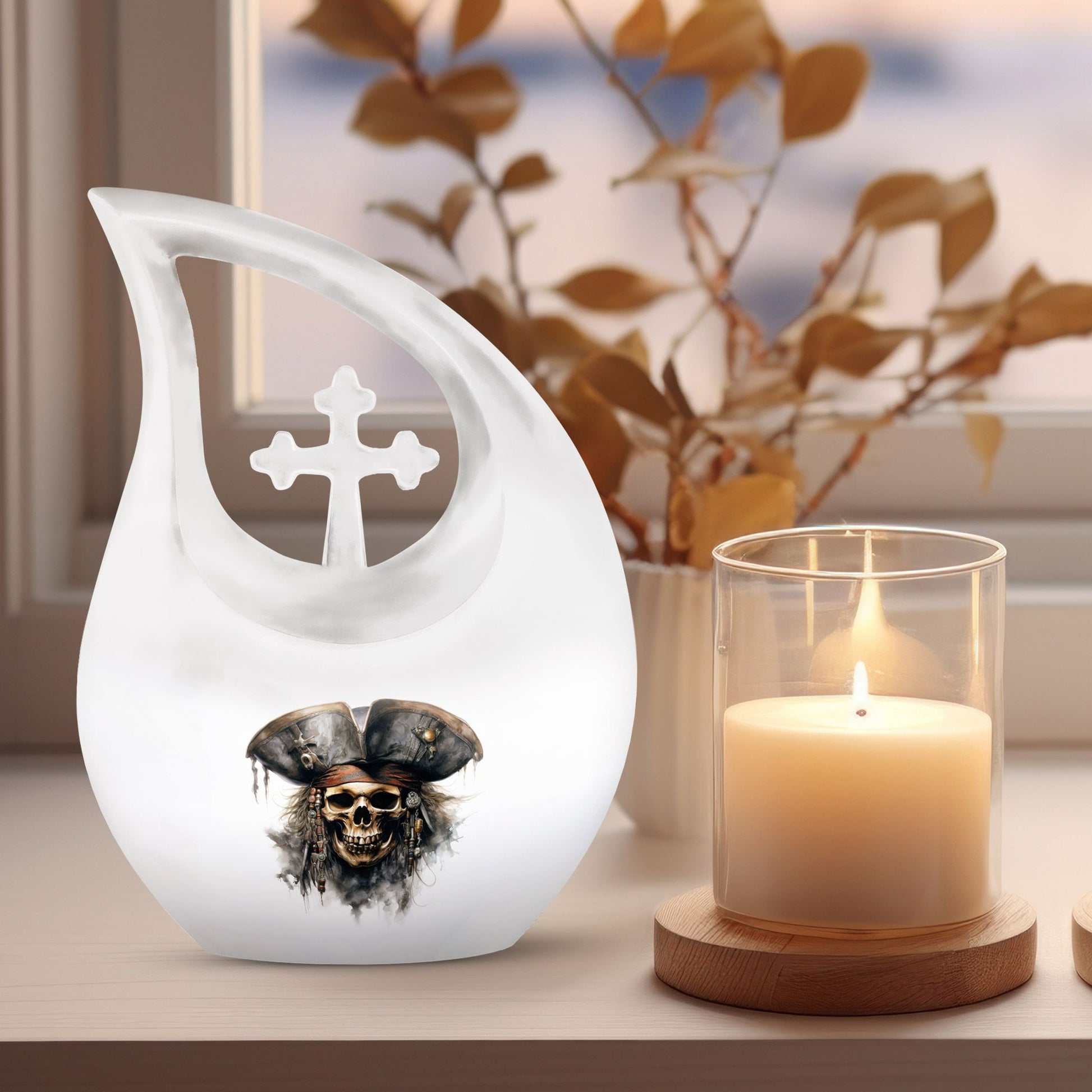 10-inch Skull Urn with Cross Drop design, personalize