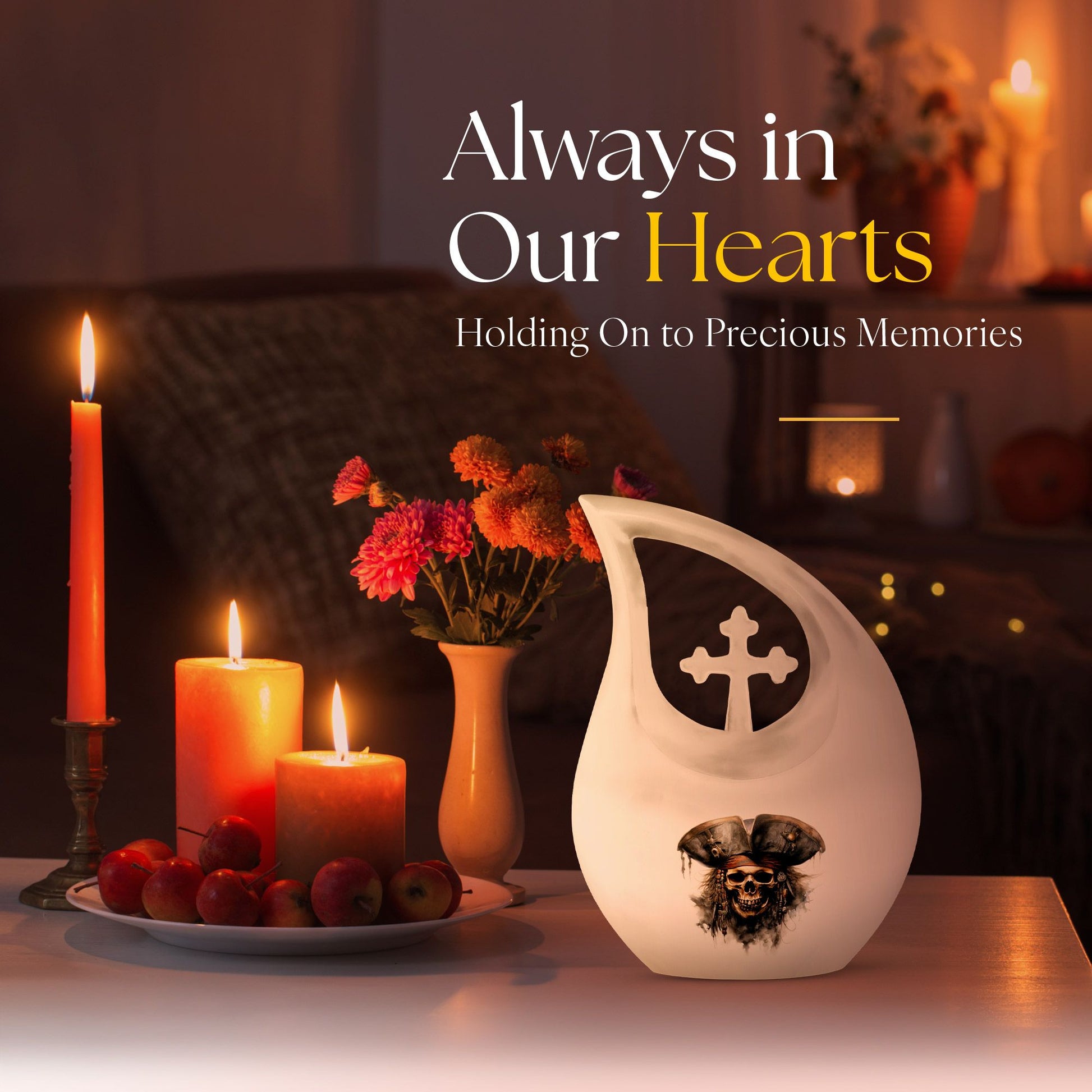 10-inch Skull Urn with Cross Drop design, personalize