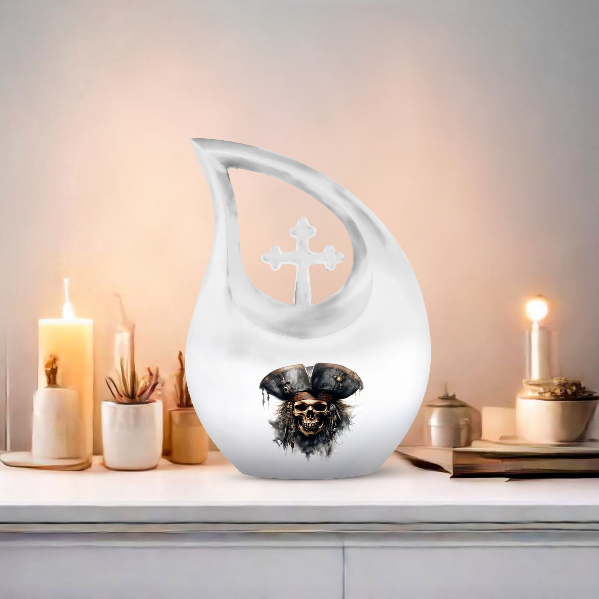 10-inch Skull Urn with Cross Drop design, personalize