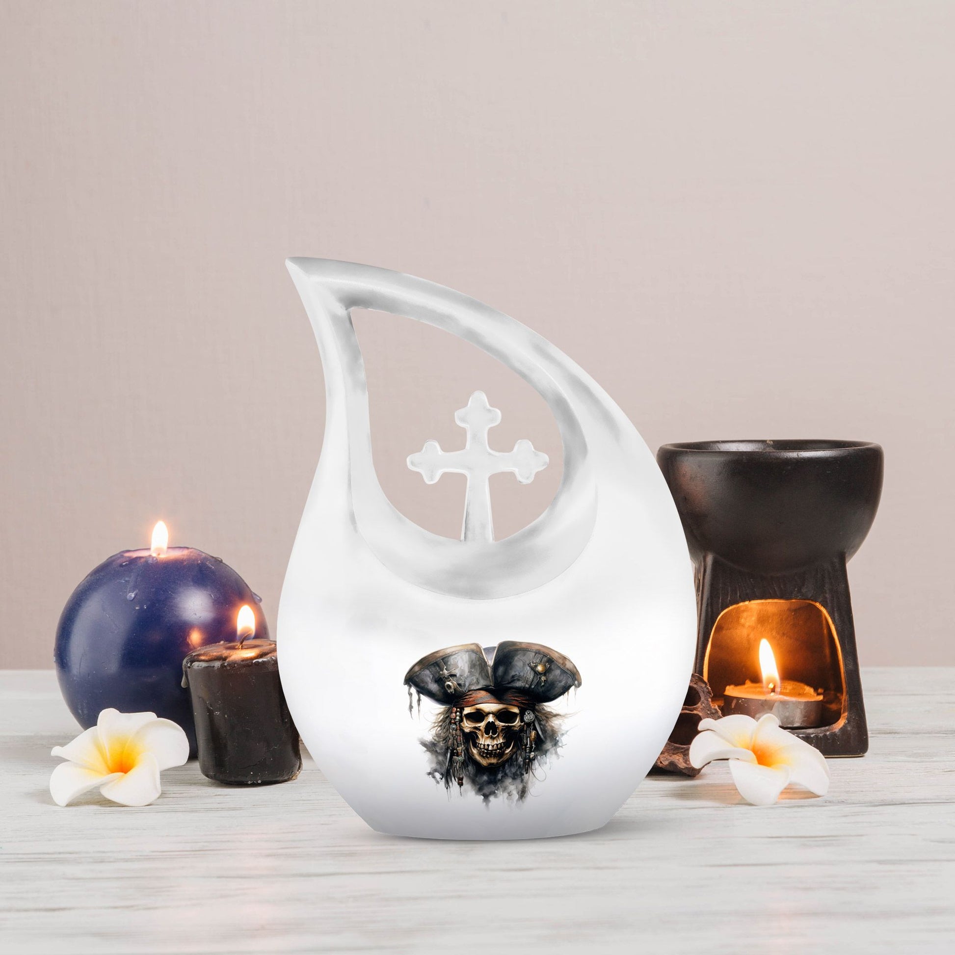 10-inch Skull Urn with Cross Drop design, personalize