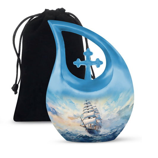 10-inch large ship urn with cross drop design, customizable 