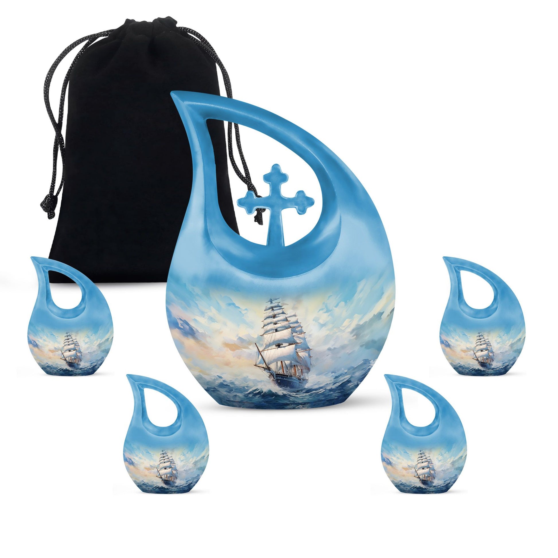 10-inch large ship urn with cross drop design, customizable 