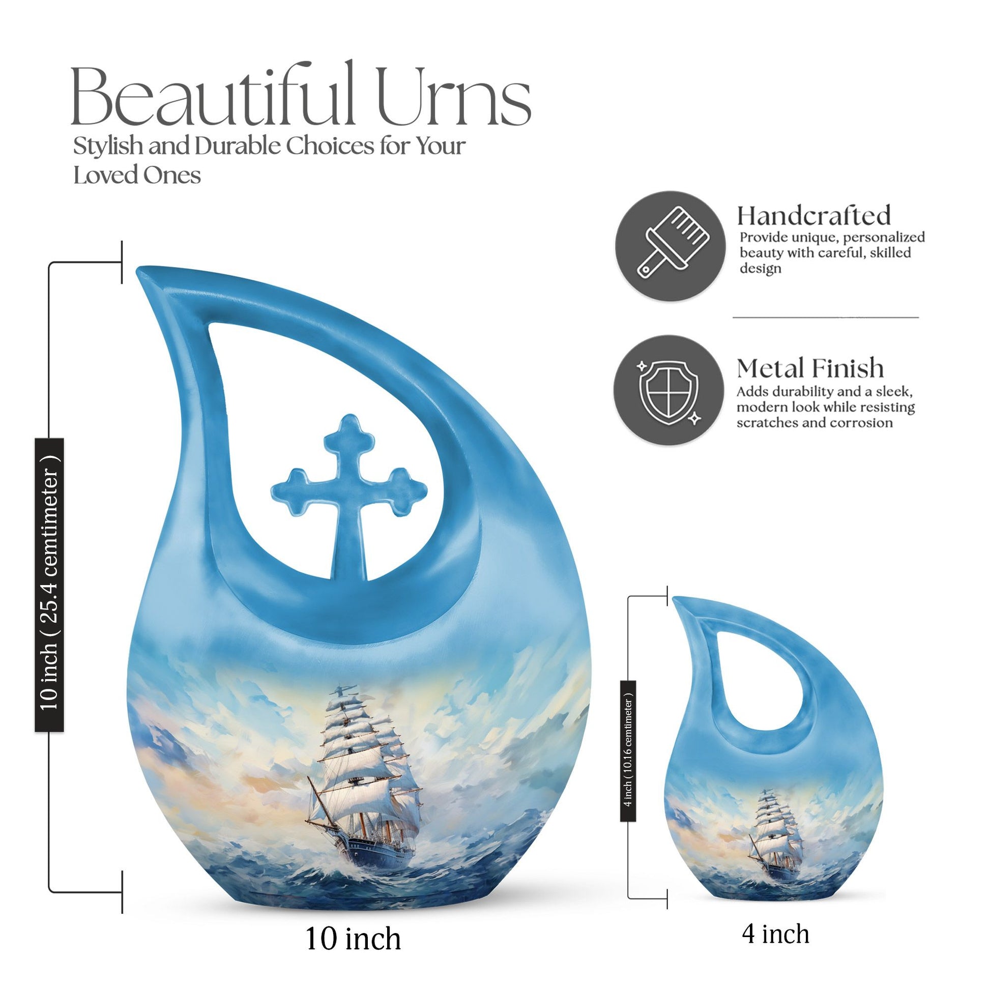 10-inch large ship urn with cross drop design, customizable 