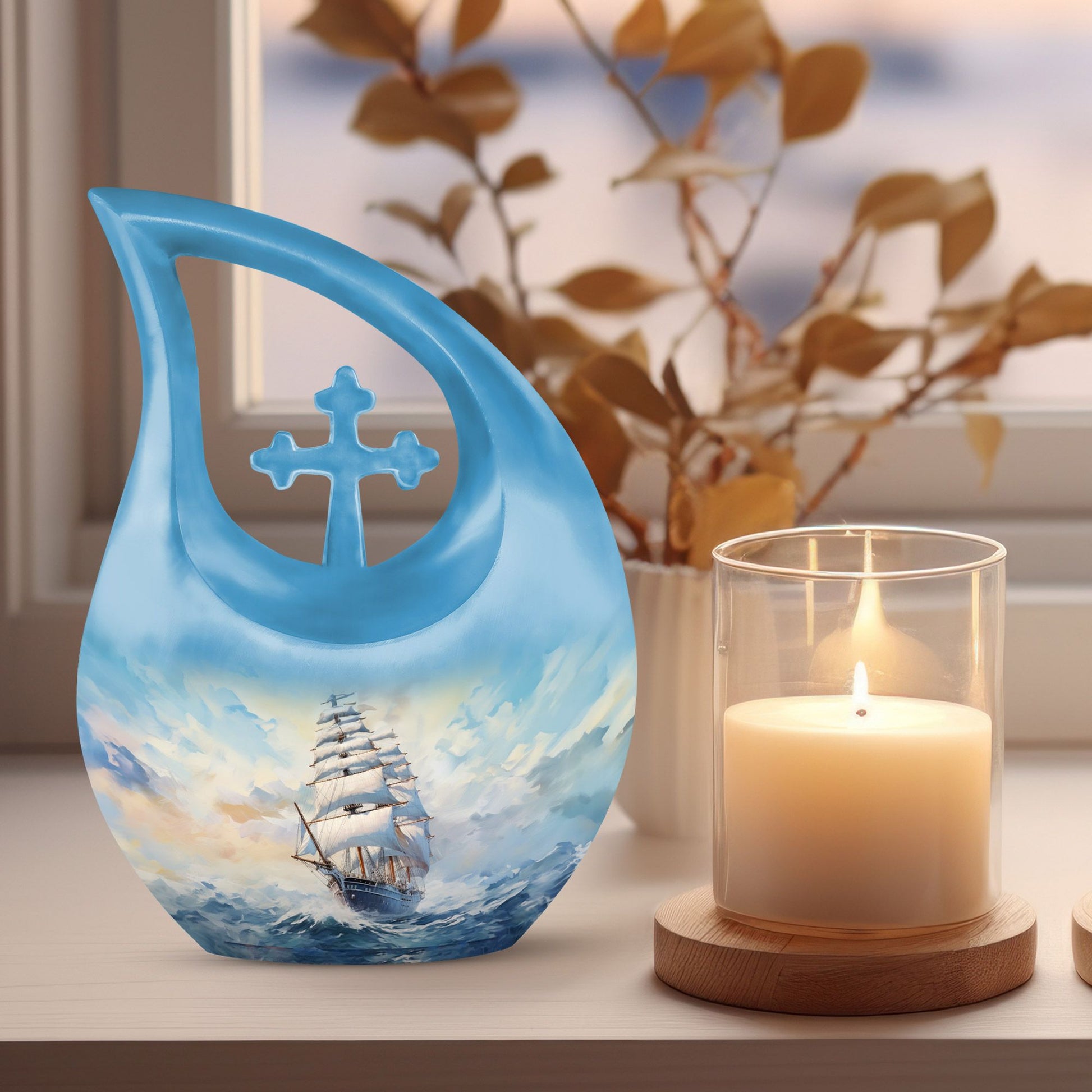 10-inch large ship urn with cross drop design, customizable 