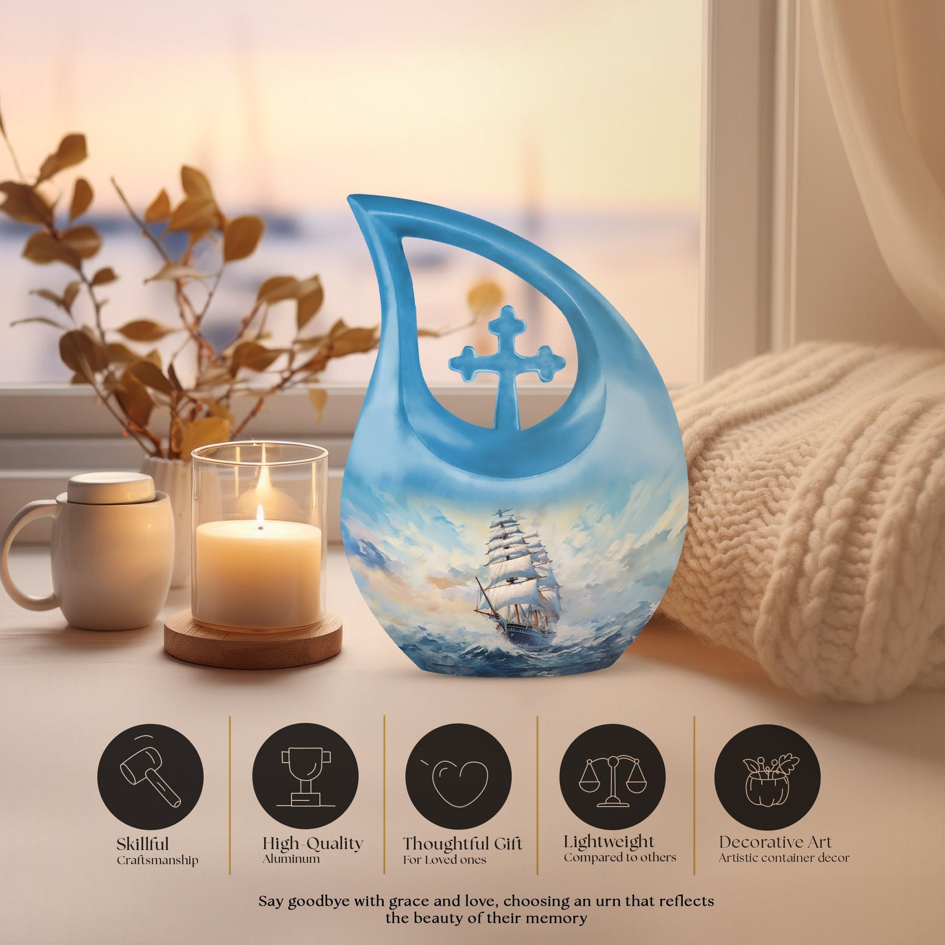 10-inch large ship urn with cross drop design, customizable 