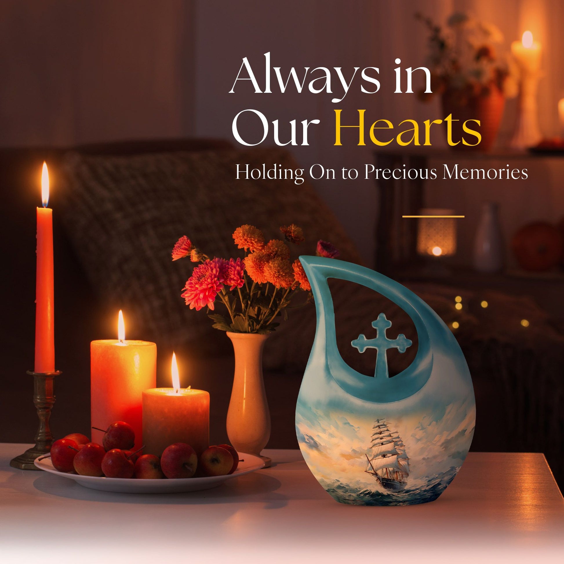 10-inch large ship urn with cross drop design, customizable 