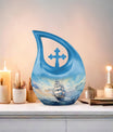 10-inch large ship urn with cross drop design, customizable 