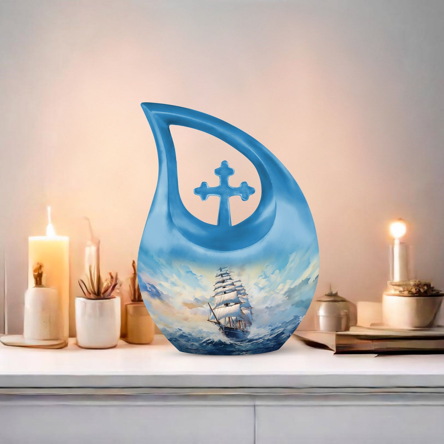 10-inch large ship urn with cross drop design, customizable 