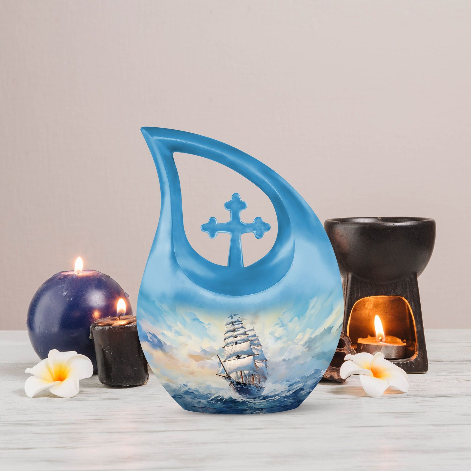 10-inch large ship urn with cross drop design, customizable 