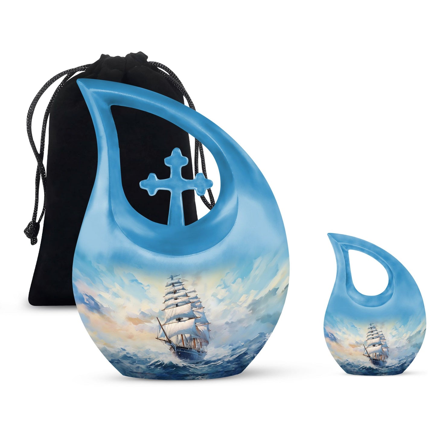 10-inch large ship urn with cross drop design, customizable 