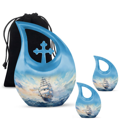 10-inch large ship urn with cross drop design, customizable 