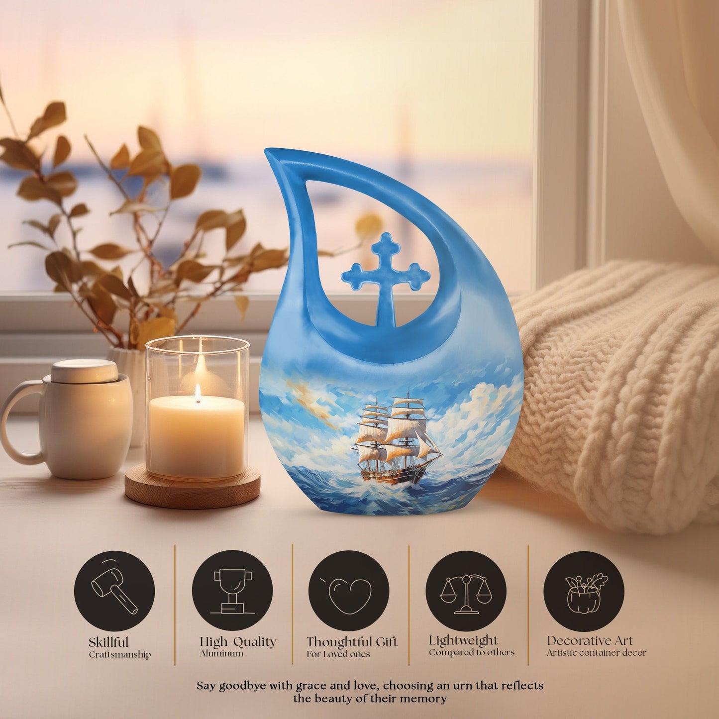 10-inch Ship Urn, Cross Drop Design, Aluminium Cremation Urn