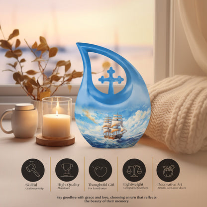 10-inch Ship Urn, Cross Drop Design, Aluminium Cremation Urn
