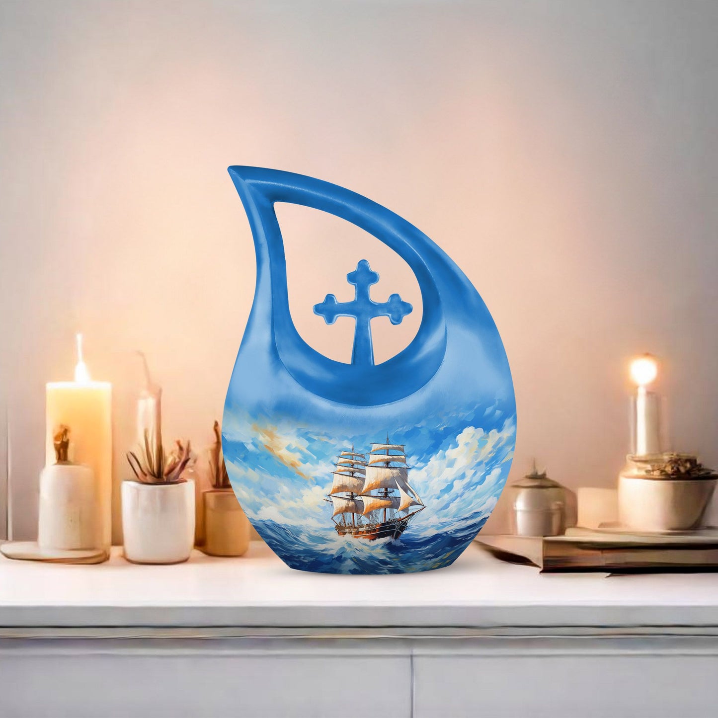 10-inch Ship Urn, Cross Drop Design, Aluminium Cremation Urn
