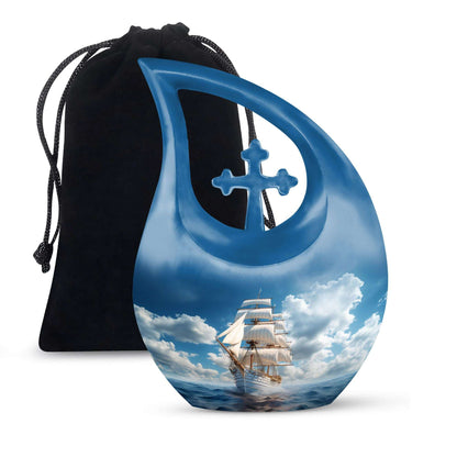 10-inch Ship-themed Marble Urn with Cross
