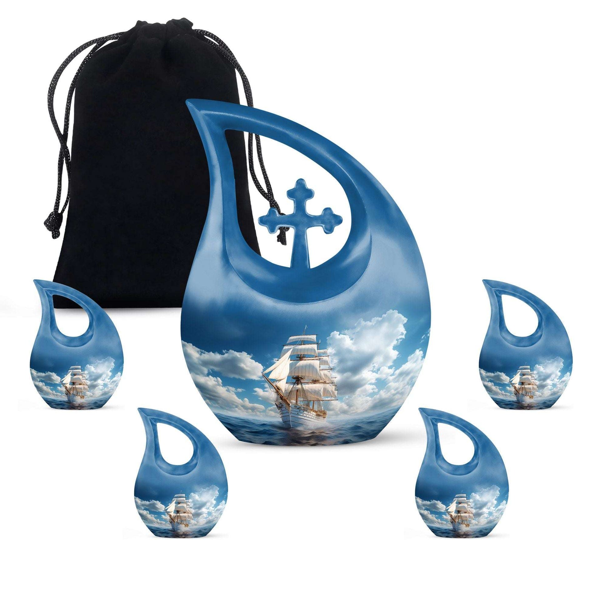 10-inch Ship-themed Marble Urn with Cross