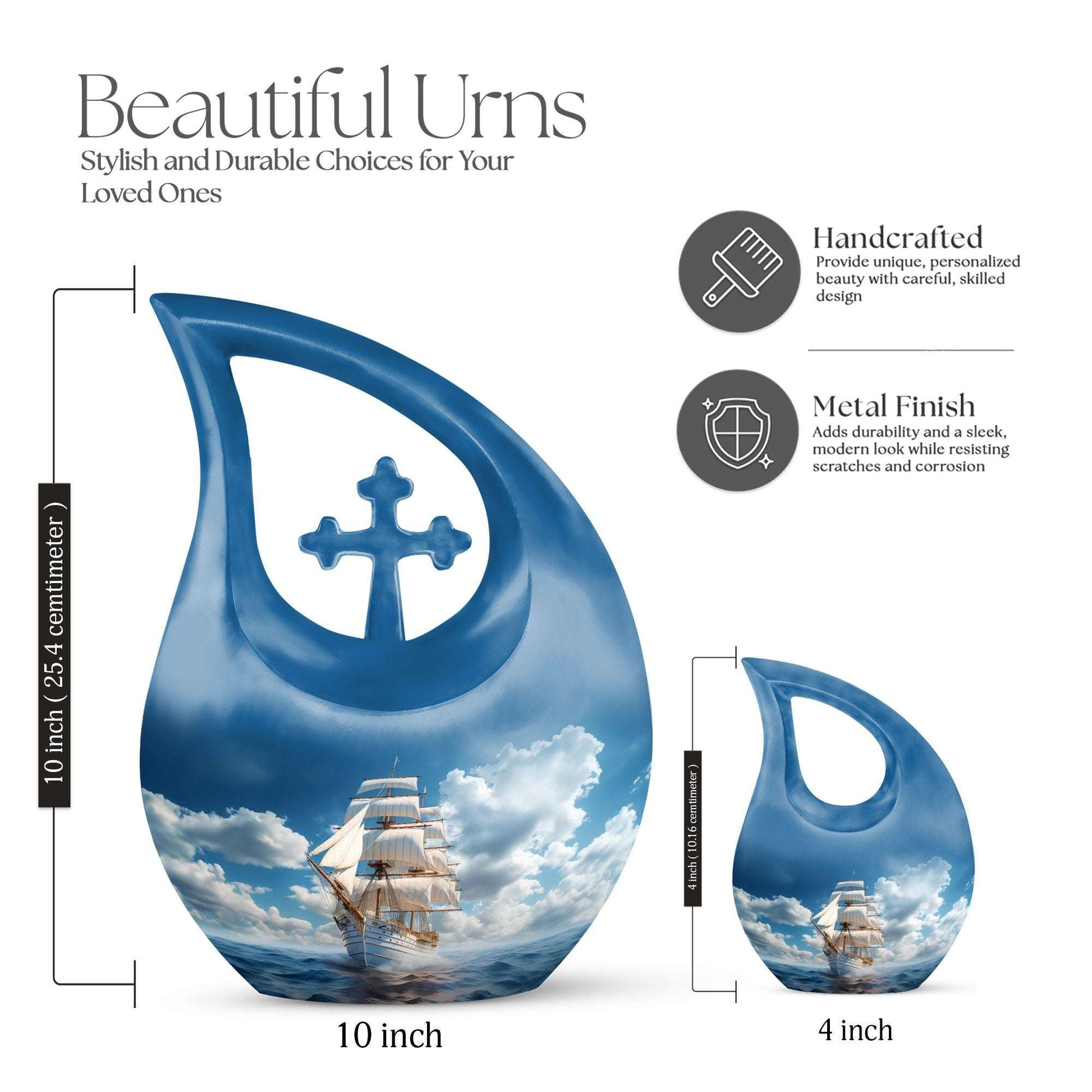 10-inch Ship-themed Marble Urn with Cross
